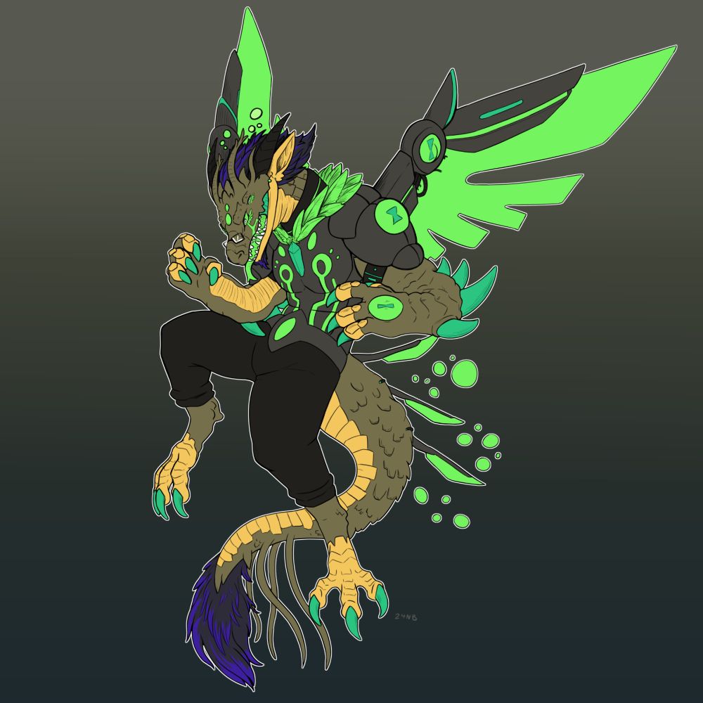 Kneigh is an older OC of mine I had since the tail end of Elementary School and the beginning of High School I primarily used in RPs. He's more of a demi dragon in looks but this is a form of his that's far more draconic. 

He was a former deity of time in one of my settings. A bit of an asshole.