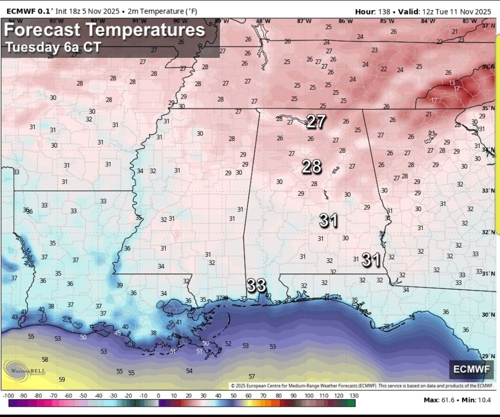 Map depicting temperatures across the southeast US, that are dipping into the low 30s/20s. This means pepper season is over as they'll be killed by the low temps. 