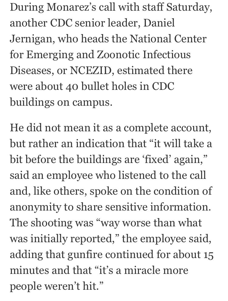 During Monarez's call with staff Saturday, another CDC senior leader, Daniel Jernigan, who heads the National Center for Emerging and Zoonotic Infectious Diseases, or NCEZID, estimated there were about 40 bullet holes in CDC buildings on campus.
He did not mean it as a complete account, but rather an indication that "it will take a bit before the buildings are 'fixed' again," said an employee who listened to the call and, like others, spoke on the condition of anonymity to share sensitive information.
The shooting was "way worse than what was initially reported," the employee said, adding that gunfire continued for about 15 minutes and that "it's a miracle more people weren't hit."