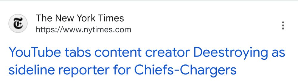 The New York Times YouTube tabs content creator Deestroying as sideline reporter for Chiefs-Chargers