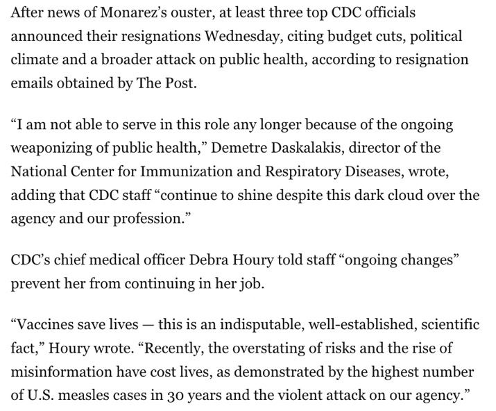 After news of Monarez's ouster, at least three top CDC officials announced their resignations Wednesday, citing budget cuts, political climate and a broader attack on public health, according to resignation emails obtained by The Post. 