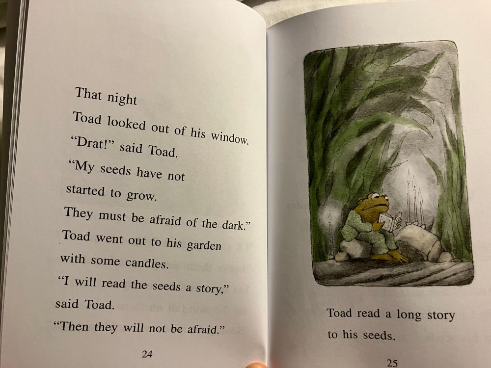 That night
Toad looked out of his window.
"Drat!" said Toad.
"My seeds have not started to grow.
They must be afraid of the dark."
Toad went out to his garden with some candles.
"I will read the seeds a story," said Toad.
"Then they will not be afraid."
24
Toad read a long story to his seeds.
25
