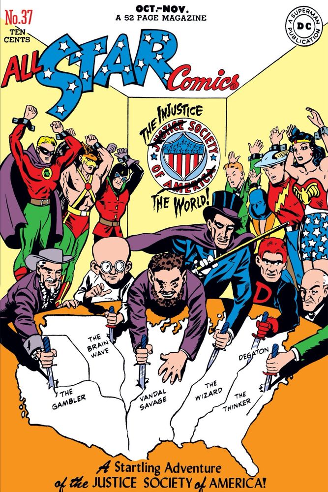 All-Star Comics #37, Oct-Nov 1947, cover by Irwin Hasen.