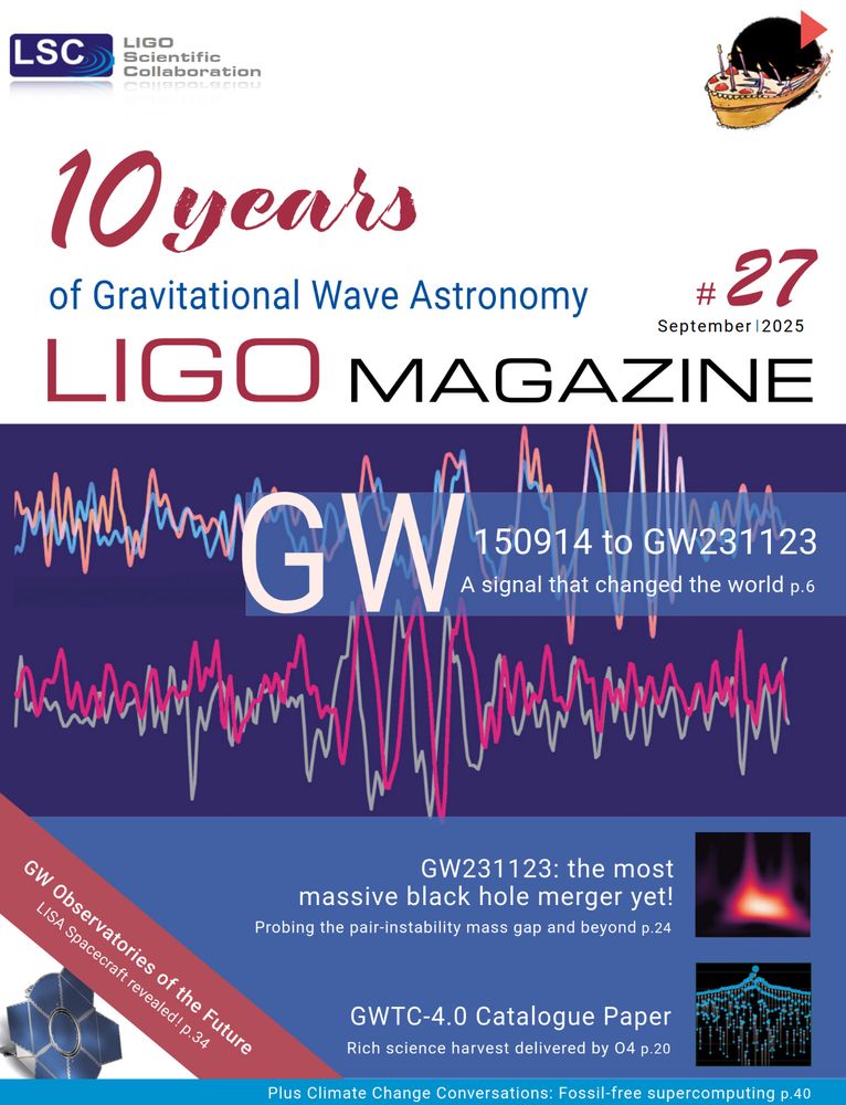 Front cover of LIGO Magazine issue 27. The headline article text reads: 
"10 years of Gravitational Wave Astronomy". Two gravitational wave signals are shown in the main image - they are shown as timeseries data which look wiggles. In the top corner, an illustration of a birthday cake is shown - the cake is being distorted as it is sucked into a black hole! 

Cover: Main image: GW150914 and GW231123 image by LIGO-Virgo-KAGRA/Sascha Rieger. Top inset: GW231123 plot from LIGO-Virgo-KAGRA. Bottom inset: Masses in the stellar graveyard plot by LIGO-Virgo-KAGRA/Aaron Geller/Northwestern. Bottom-left (diagonal): LISA image from OHB. Top-right corner: GW150914 birthday cake artwork by Storm Colloms. 