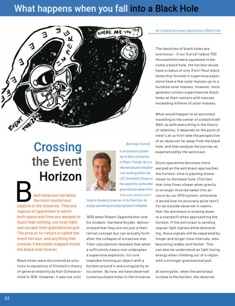 A screenshot of LIGO Magazine article "Crossing the Event Horizon" by  Bartosz Fornal. The image shows the first page of the article. There is a photo of the author smiling. The main picture is an illustration by Nutsinee Kijbunchoo showing a drawing of an astronaut in space. 