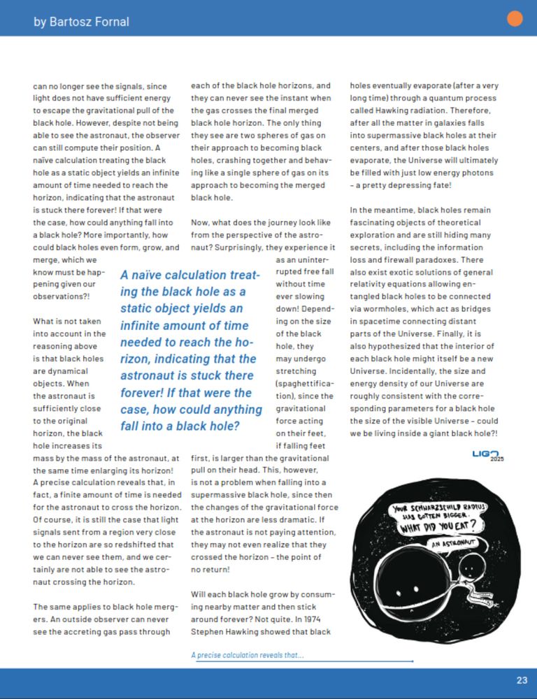 A screenshot of LIGO Magazine article "Crossing the Event Horizon" by  Bartosz Fornal. The image shows the second page of the article. The main picture is an illustration by Nutsinee Kijbunchoo. The picture shows a drawing of a two black holes with faces. The smaller black hole is measuring the circumference of the larger black hole with a tap measure. The smaller one says "Your Schwarzschild radius has gotten bigger. What did you eat?" The other black hole looks sheepish and replies "An astronaut."