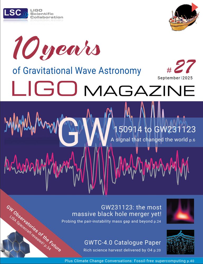 Front cover of LIGO Magazine issue 27. The headline article text reads: 
"10 years of Gravitational Wave Astronomy". Two gravitational wave signals are shown in the main image - they are shown as timeseries data which look wiggles. In the top corner, an illustration of a birthday cake is shown - the cake is being distorted as it is sucked into a black hole! 

Cover: Main image: GW150914 and GW231123 image by LIGO-Virgo-KAGRA/Sascha Rieger. Top inset: GW231123 plot from LIGO-Virgo-KAGRA. Bottom inset: Masses in the stellar graveyard plot by LIGO-Virgo-KAGRA/Aaron Geller/Northwestern. Bottom-left (diagonal): LISA image from OHB.
Top-right corner: GW150914 birthday cake artwork by Storm Colloms. 