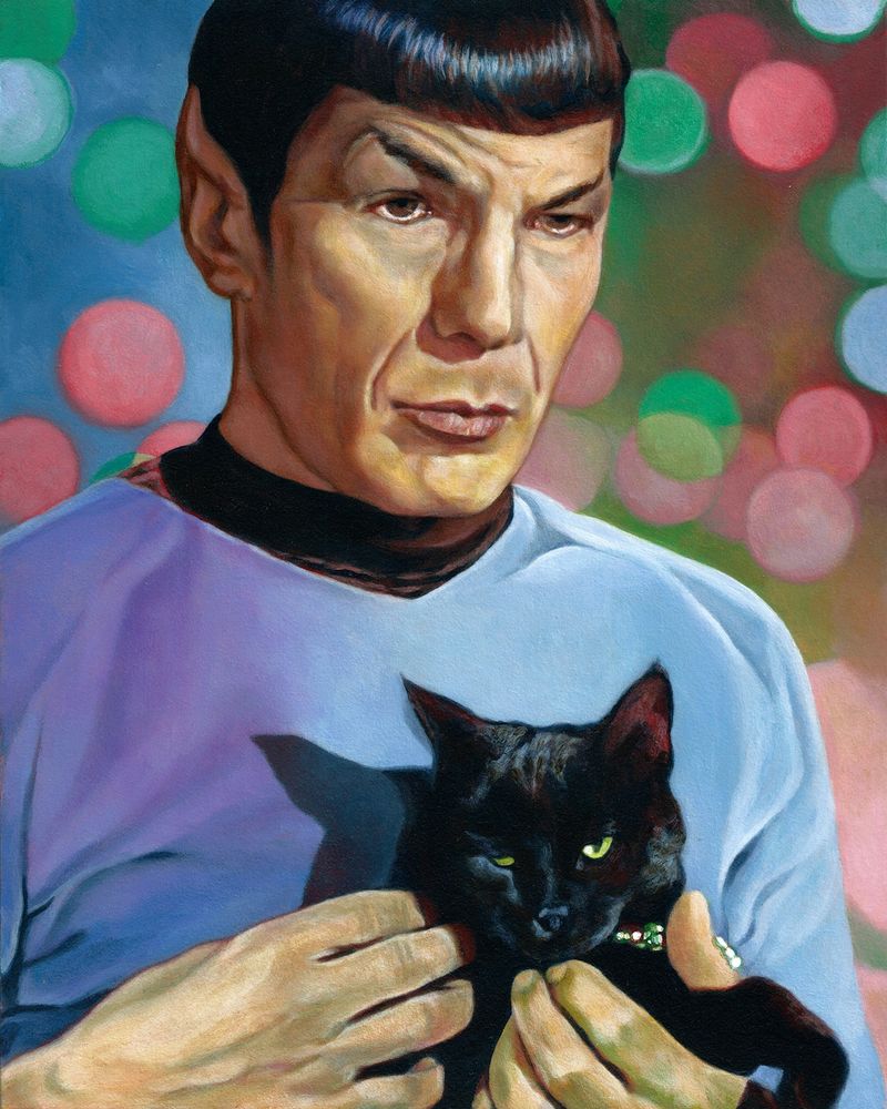 A painting of Spock from Star Trek: The Original Series, holding a black cat 