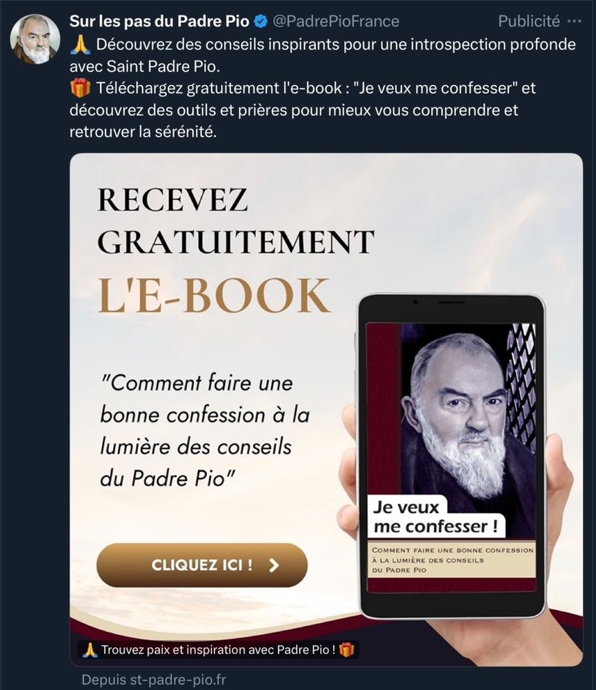 Publicité en provenance du compte Padre Pio France, pour recevoir gratuitement l'e-book : "comment faire une bonne confession ..."