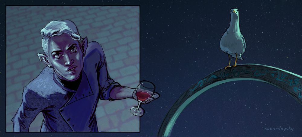 A drawing showing a face-off between Essek, who is holding a glass of wine and looking very affronted, and a seagull, which has rudely perched upon his large arcane leyline device. In a that classic seagull way, it seems totally unfazed by any affront.