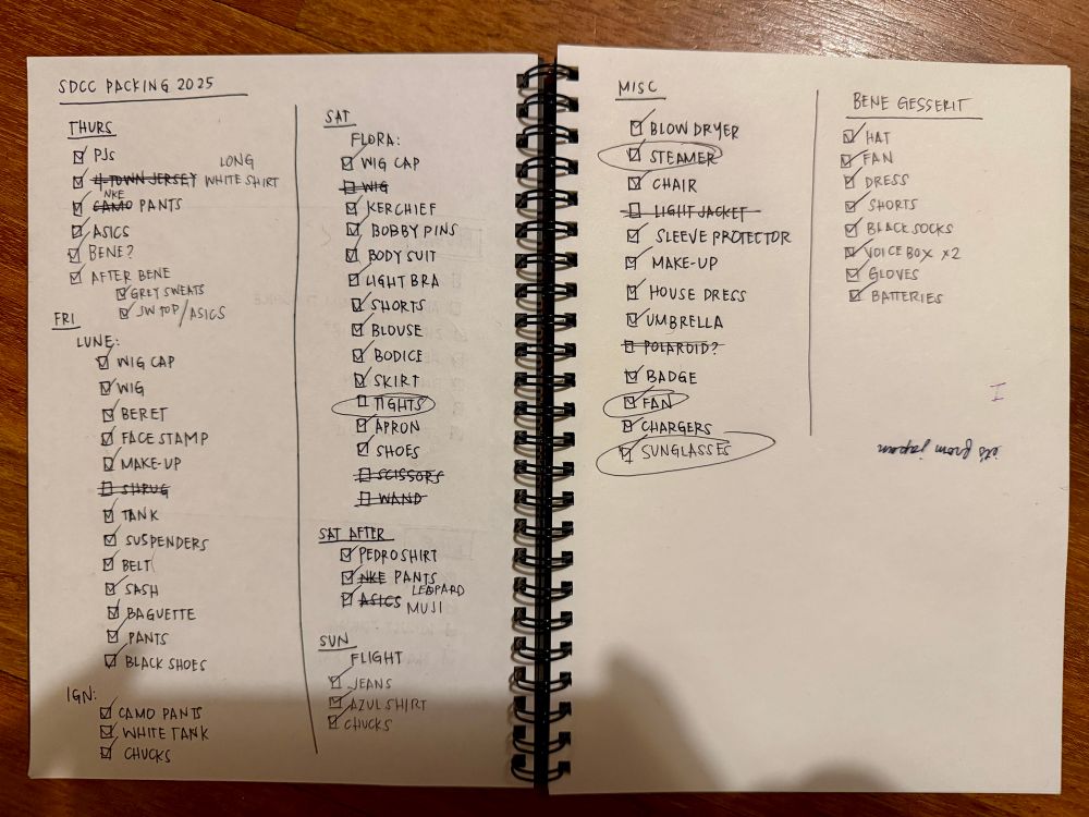 Extremely Type A packing list for 3 costumes plus regular clothes that spans 2 pages in a notebook. Almost 50 items listed. 
