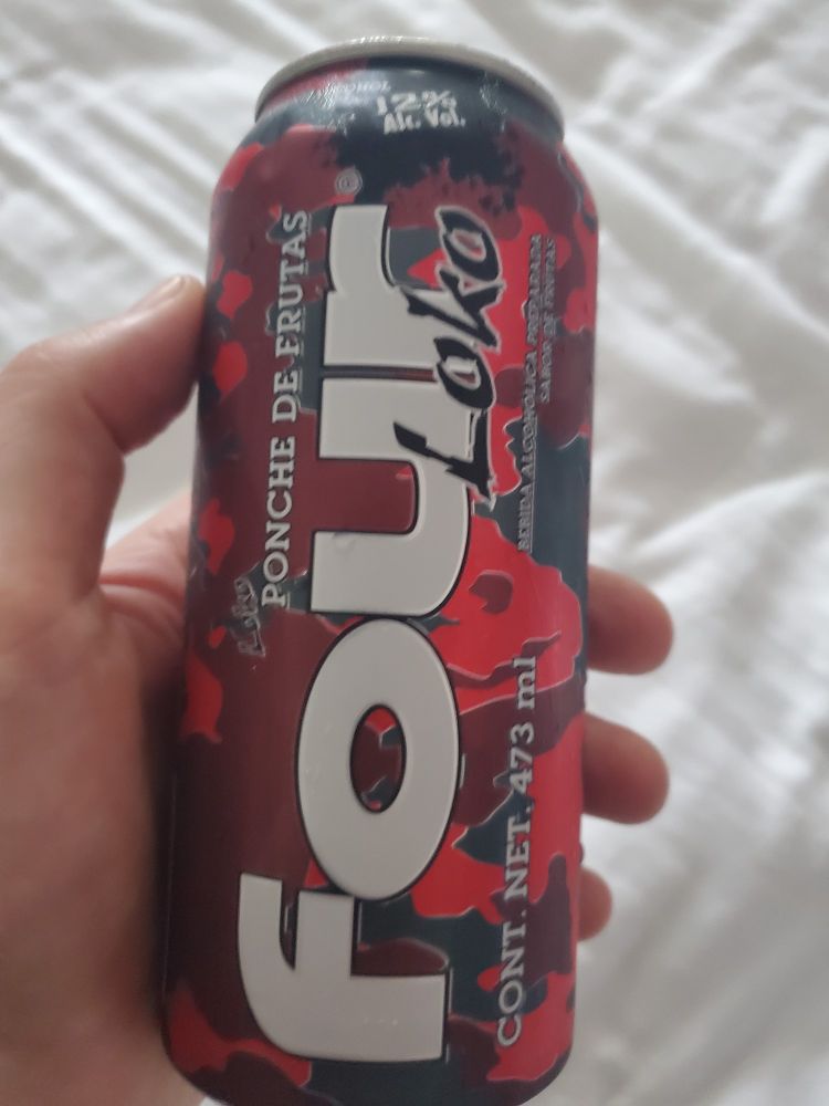 A can of Four Loko. 12% alcohol. Fruit punch flavour.