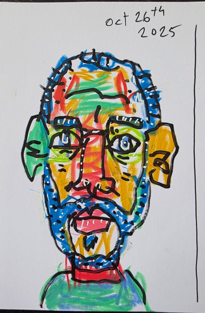 Oct 26th 2025. Portrait of a man. Coloured pencils (Art Stix) and marker and white paint pen. 