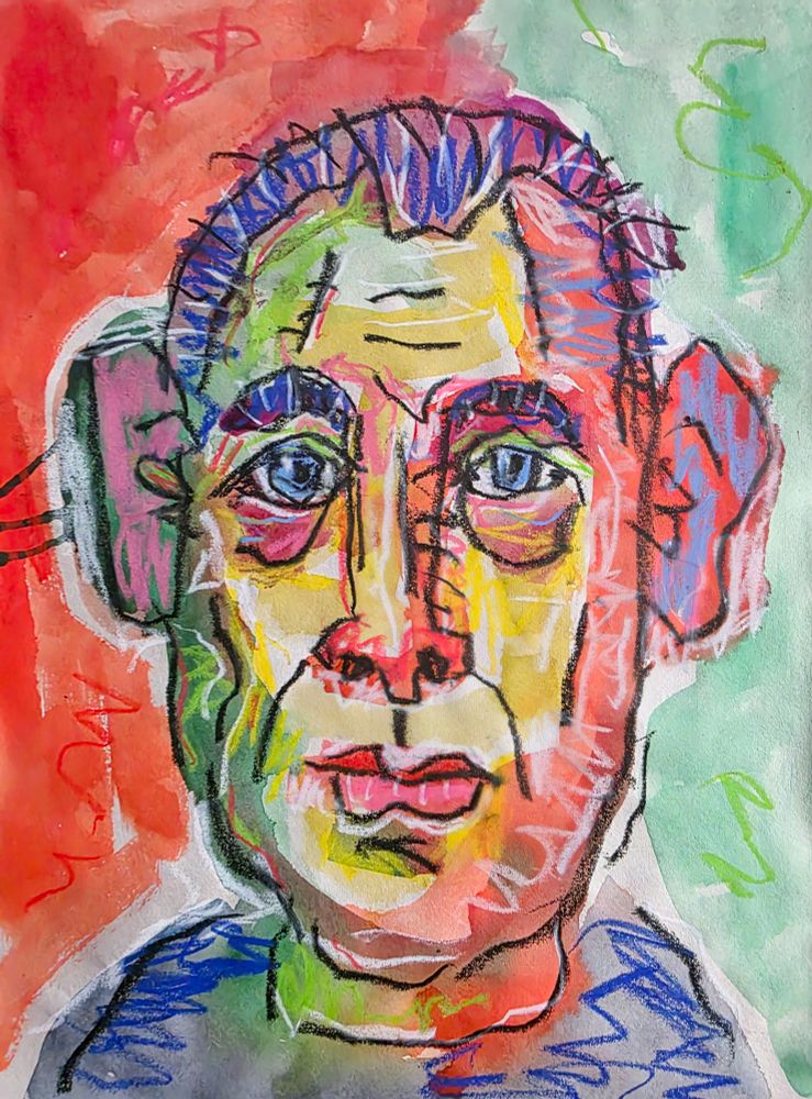 Face. Orange yellow and green with blue hair. Watercolours and coloured pencil (Art Stix).