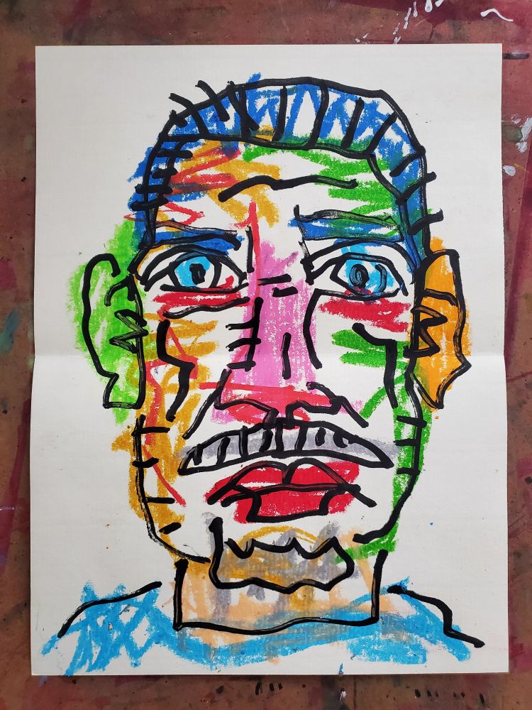 Crayons and black paint pen. Sloppy portrait. Man with moustache and little beard. On paper.