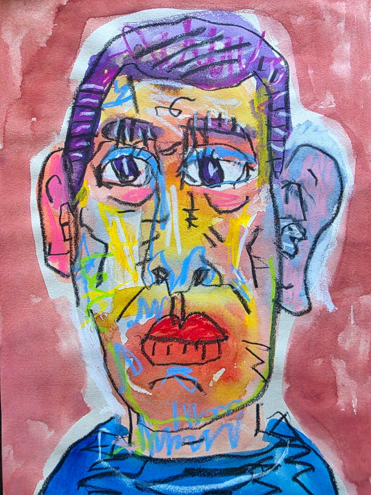 Portrait. Watercolours and coloured pencil (Art Stix). Slopp dude (lady?) with purple hair.