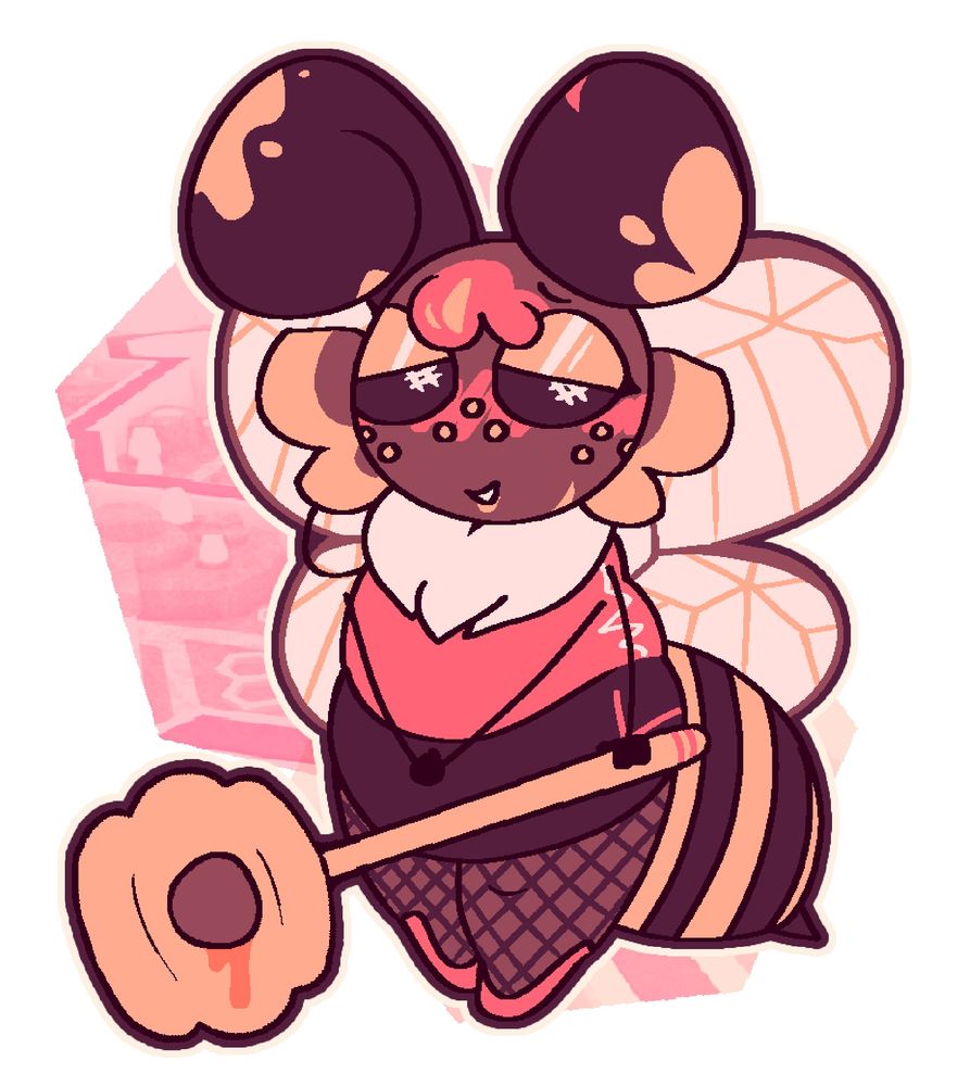 A digital drawing of a redesign for Beetrice from Tower Heroes. The chubby anthro bee looks at the camera shyly, dressed in red, yellow, and brown. She holds a large honey dipper shaped like a beehive as a weapon.
