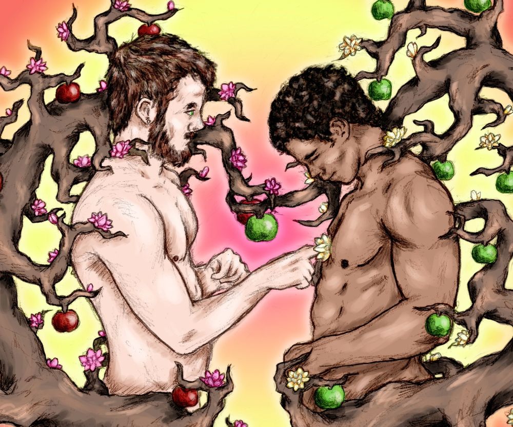 "The Discovery" Digital Painting. Depicts a man touching another mans chest and growing a flower. Around both figures are Woods vines  bearing fruits and flowers but no leaves