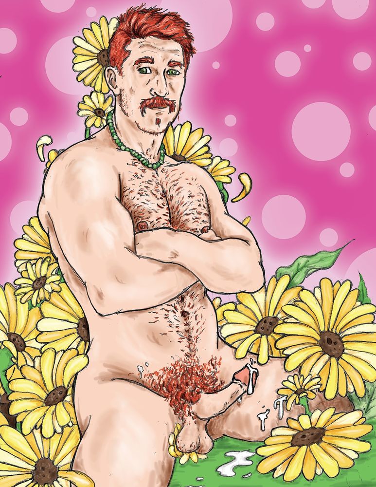 Digital Drawing of Daisy Dan, and nude red head kneeling in yellow daisies