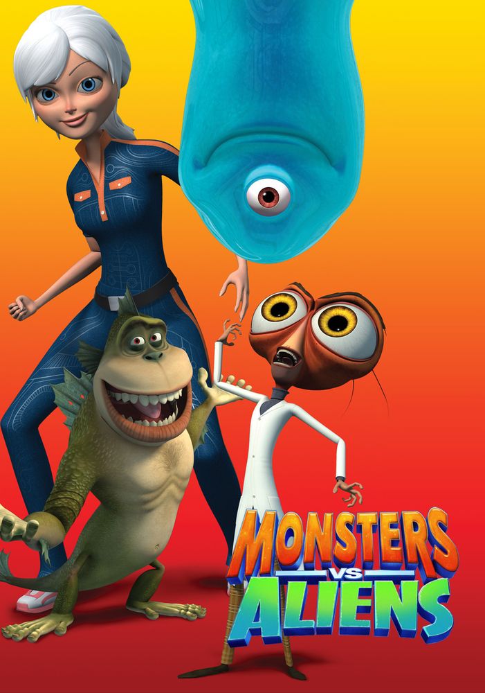 Affiche du film Monstres contre aliens.
4 Personnages sur fond orange.
Une femme en combinaison bleue.
Un blob bleu cyclope
Un iguane marin
Un cafard en blouse de scientifique, grands yeux corps très fin.

q-p me fait penser au cafard 