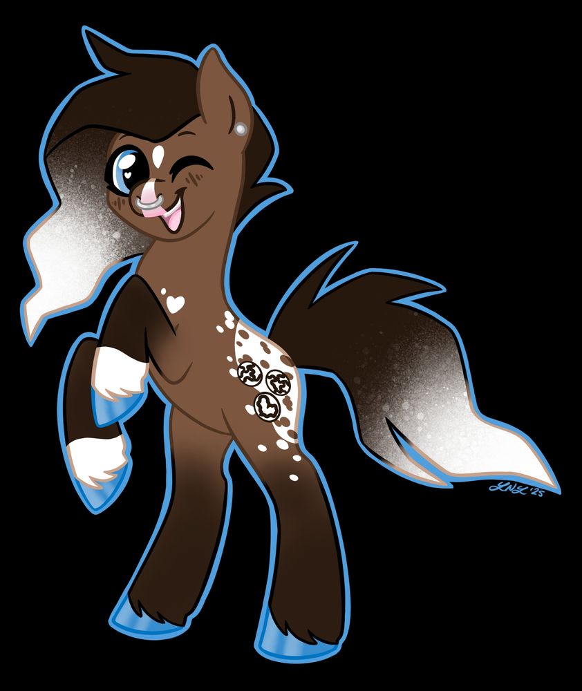 A brown Clydesdale/appaloosa ponysona with blue eyes and hooves. She has three crinkle cookies for a cutie mark and a soft pink and white interrupted blaze on her face. 