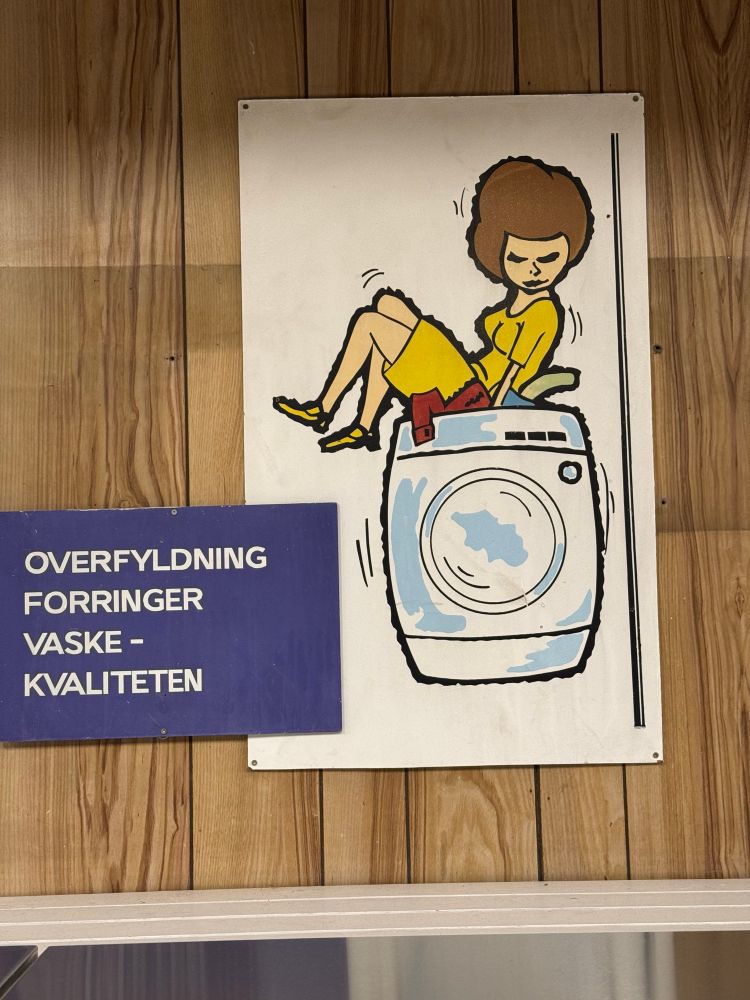 Drawing of a woman jiggling atop. Washing machine during a spin cycle.  Next to it is the text “OVERFILLING DETERIORATES WASH QUALITY”