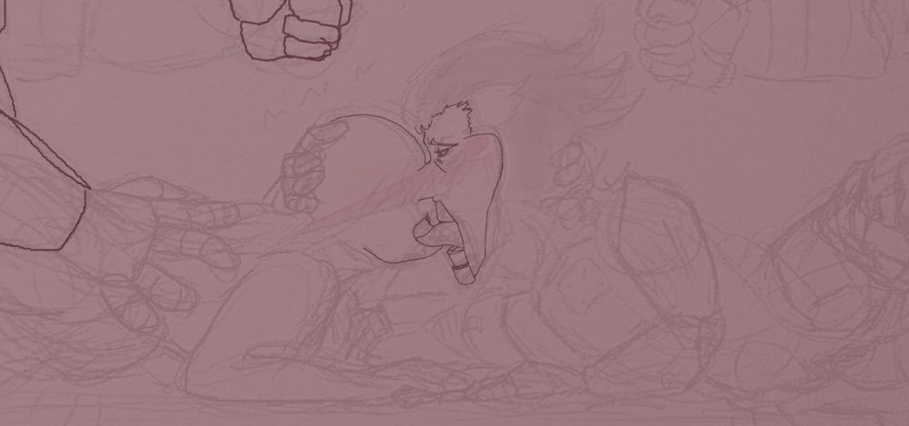 a very rough messy sketch of Spam and Y/N having a 4 way with two unseen participants?? sloppy makeouts included.