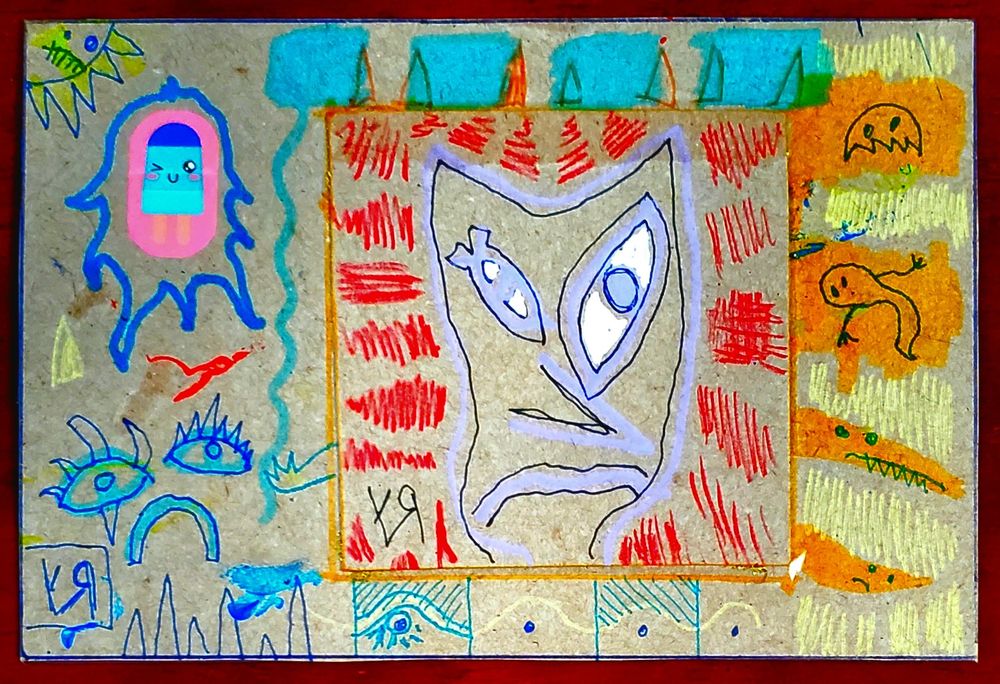 Felt pen, paint pen, brush pen, liner pen, and sticker and cardboard collage on reclaimed cardboard with digital color tweaking!