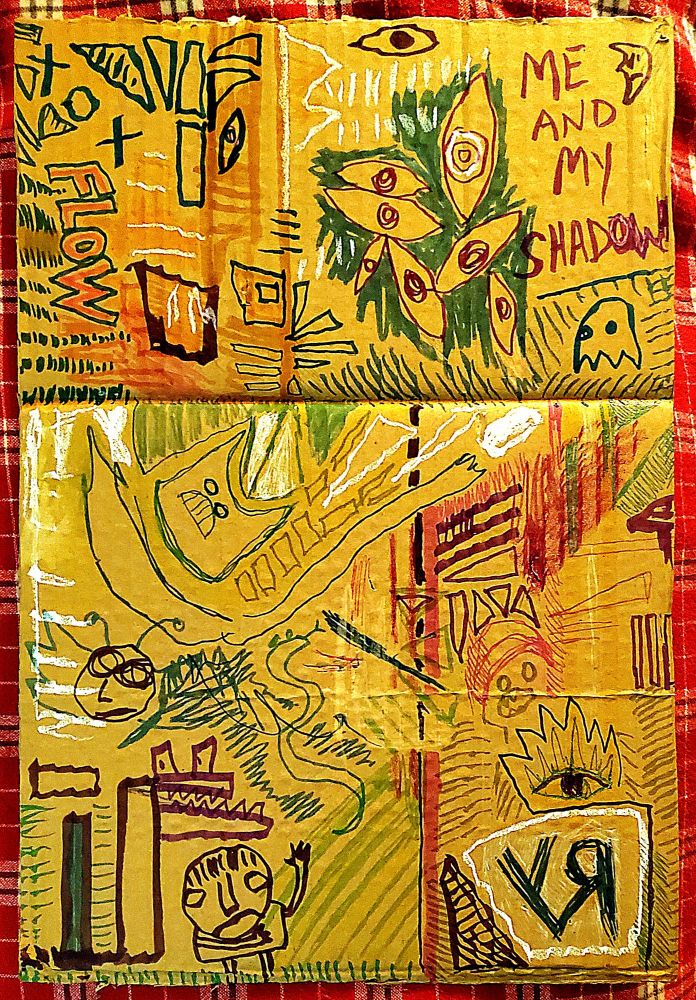 Abstract, scratchy, almost comic book panel-like nonsense with eyes and ghosts and squiggles and unsettling hypocrisy...
