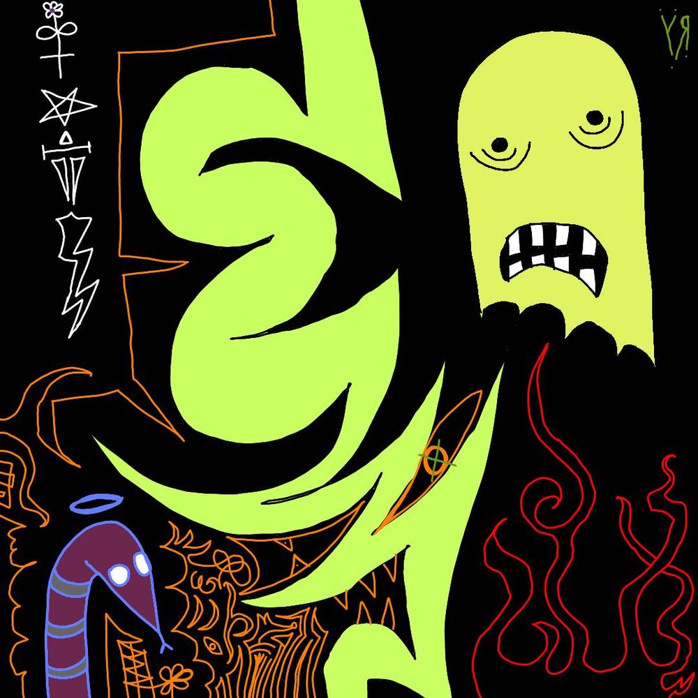 Ghost and Saint Snake having a HEATED discussion about various symbols and signs... (Badly drawn in a no-longer-supported, free sketch app on my phone...)