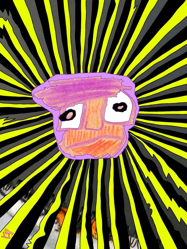 Weird face, vaguely puppet-like, surrounded by light and dark streaks of lightning and tiny glimpses of the "REAL" world... Horror...
