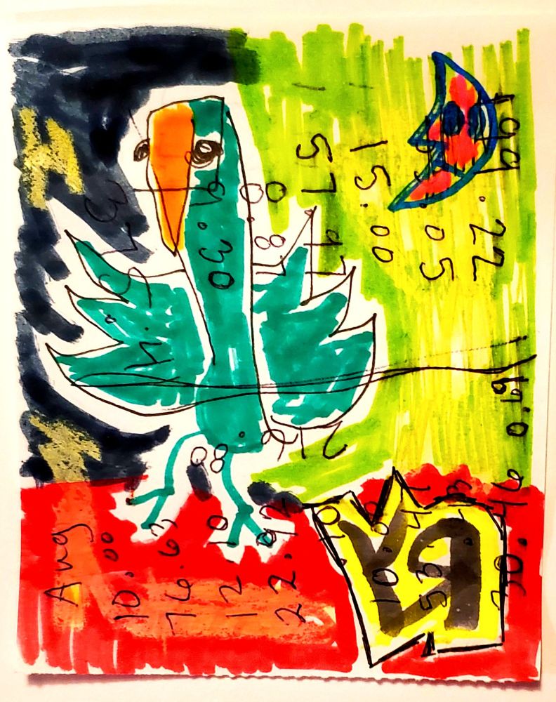 Freaky, mutant bird drawn with liner pen and felt pen on a recycled piece of scrap paper! Yep, badly drawn...