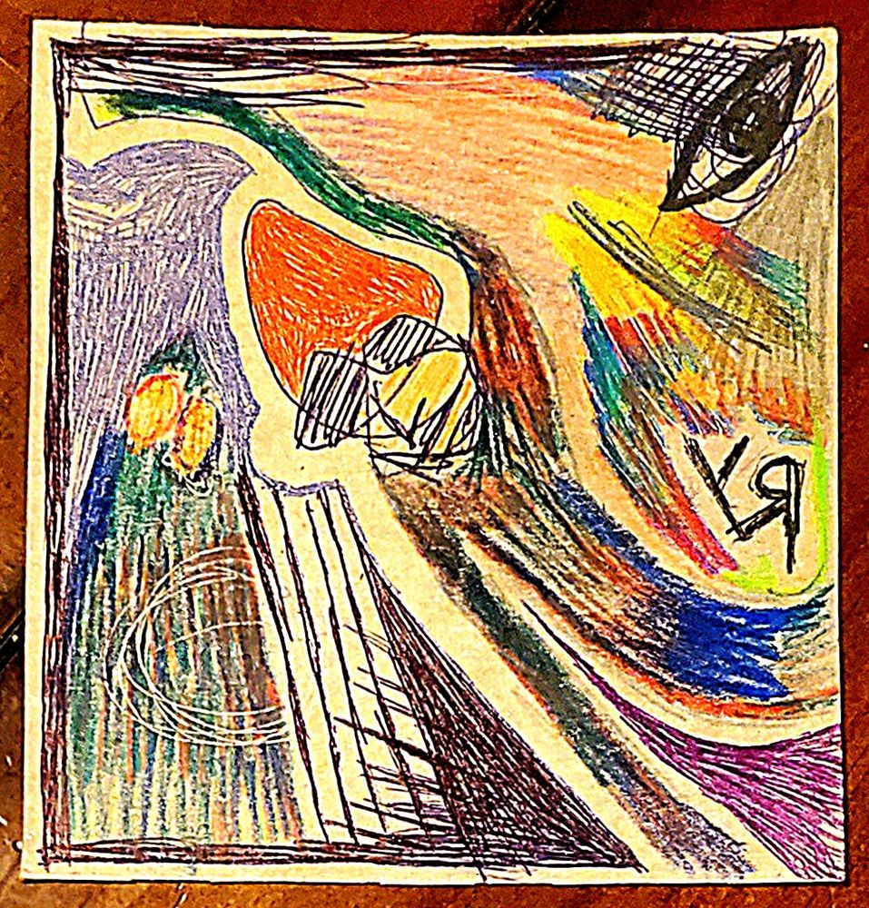 [Ballpoint pen, gel pen, and colored pencil on reclaimed cardboard with digital embellishments and color tweaking...] Mostly abstractish scribbles on a tiny chunk of cardboard. Make believe...