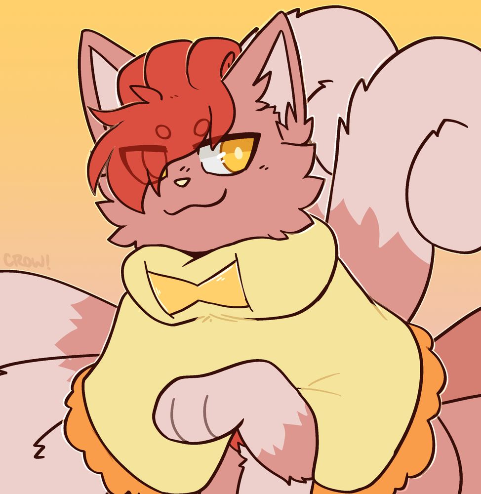 drawing of a vulpix character with a light yellow cape. one front paw is raised as they sit in front of the viewer. most of their tails and lower body is not in frame.