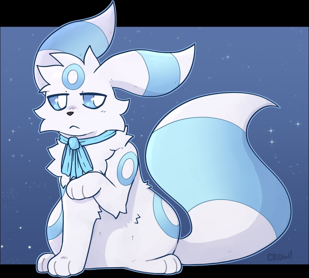 drawing of a white umbreon with light blue rings and a blue ribbon. he is sitting down with one paw raised while looking off to the side.