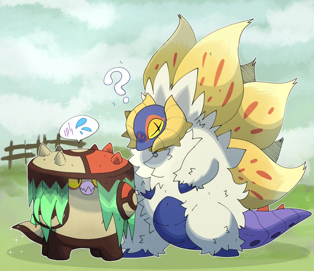 a drawing of a brute bonnet and a shiny slither wing standing next to each other in area zero. the brute bonnet seems nervous while the slither wing is curious. the slither wing is significantly taller, looking down at the brute bonnet.