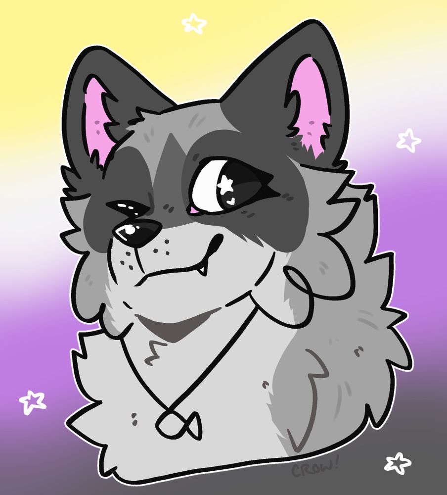 headshot drawing of a raccoon oc named milktoast. the background is a gradient of the nonbinary flag