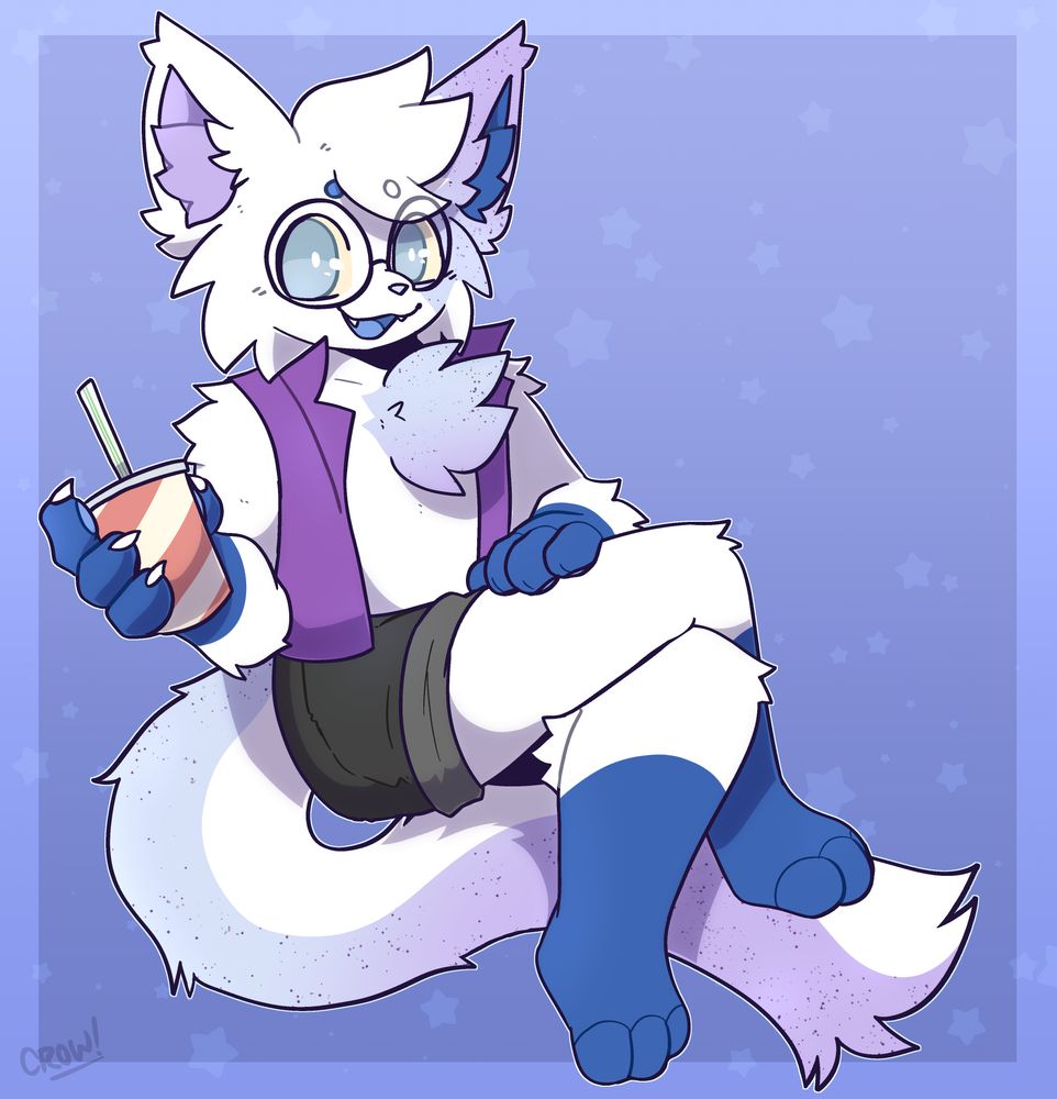 drawing of a white cat anthro with glasses. in one hand they have a drink cup. their legs are crossed and they seem content.
