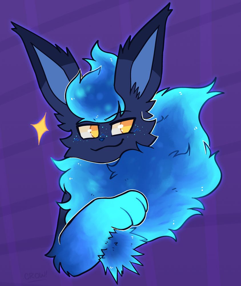 bust shot drawing of a dark blue flareon with cyan flame-looking mane and head fluff. he has one paw lifted in front of his chest. he is looking off to the side with a smug expression.