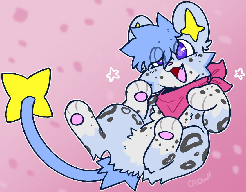 drawing of a shinx character with snow leopard-like markings. she looks happy to see the viewer as she lays playfully on her back, showing her belly