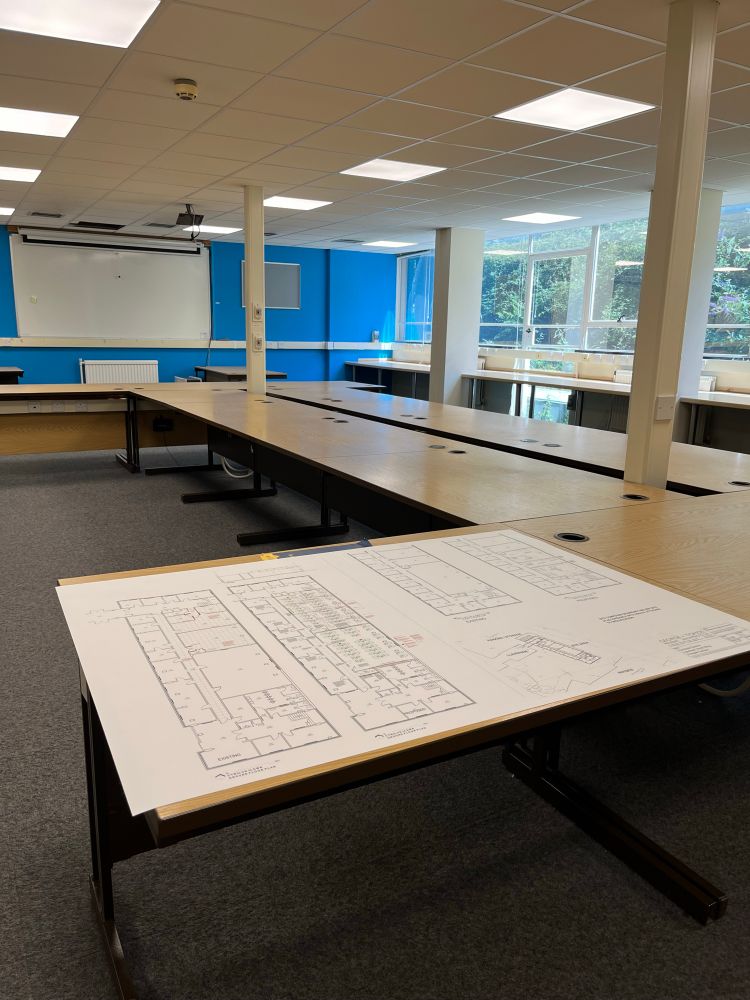 The Orchard computer room without computers or chairs. Just the desks still to be removed. 