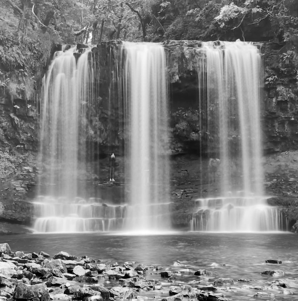 Long exposure effect picture of a Welsh waterfall, in black and white