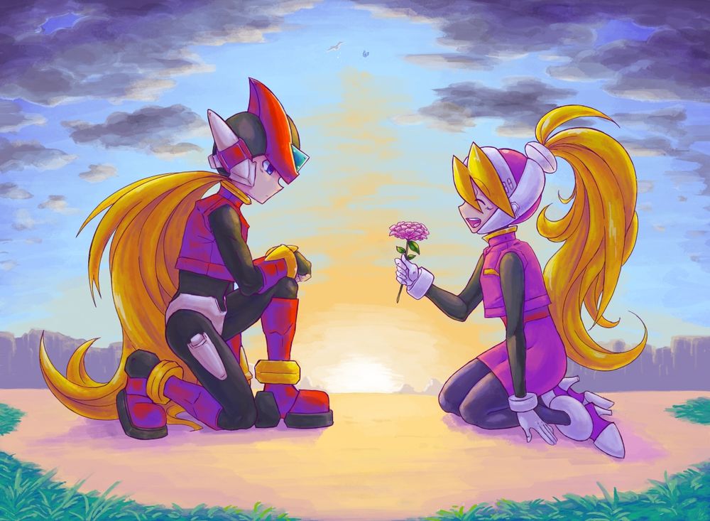 A drawing of Zero and Ciel from Megaman Zero. Zero is knealing on the left while Ciel sits on the ground, presenting a pink camellia to him as the sun is rising.