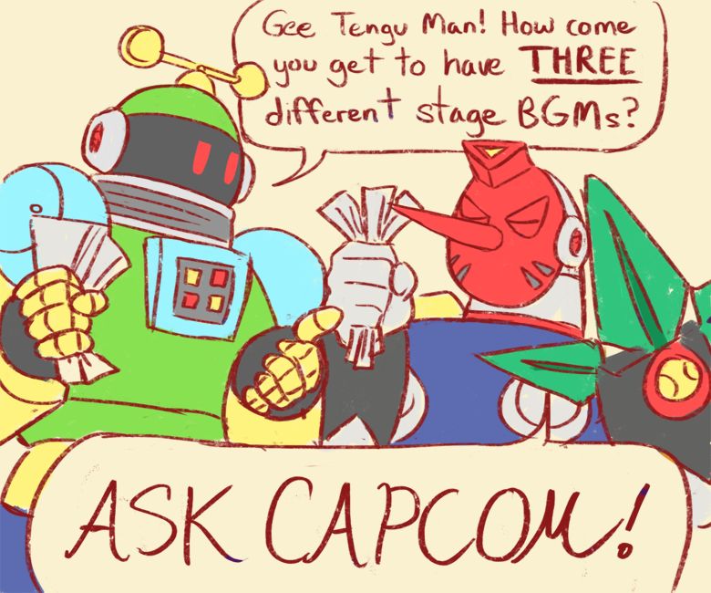 A parody of the "Two Wieners" meme featuring Astro Man and Tengu Man who have two and three different stage BGMs respectively.