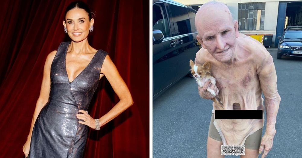 2 photos are side by side: Demi Moore at an award ceremony looking lovely, and Demi Moore in make-up for filming a scene in which she has horribly aged (from the movie Substance).