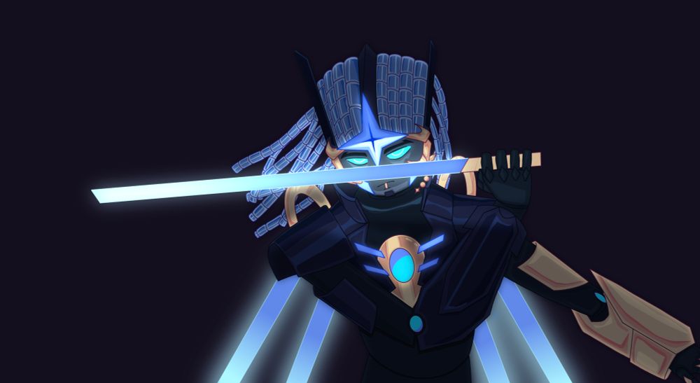 A blue with golden accents helicopter transformer holding a glowing blade in half darkness which illuminates their face.
