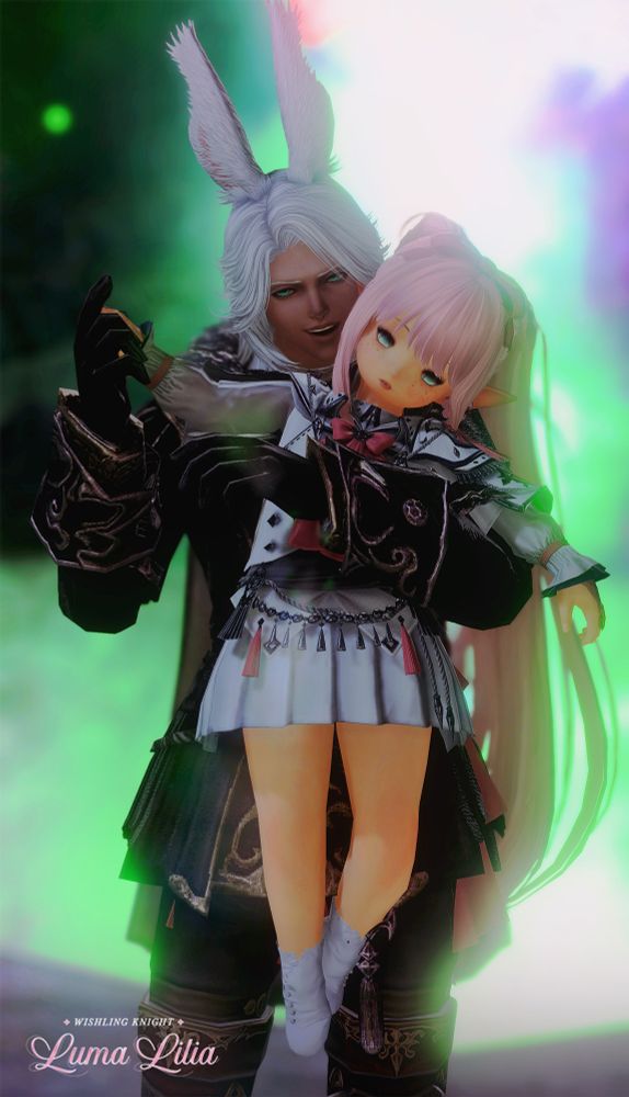 Laplace (m viera with silver hair) holds a limp Luma Lilia (f lalafell with pink hair). Her eyes are unfocused and glowing green. Laplace holds her close, raising on of her hands in his own.