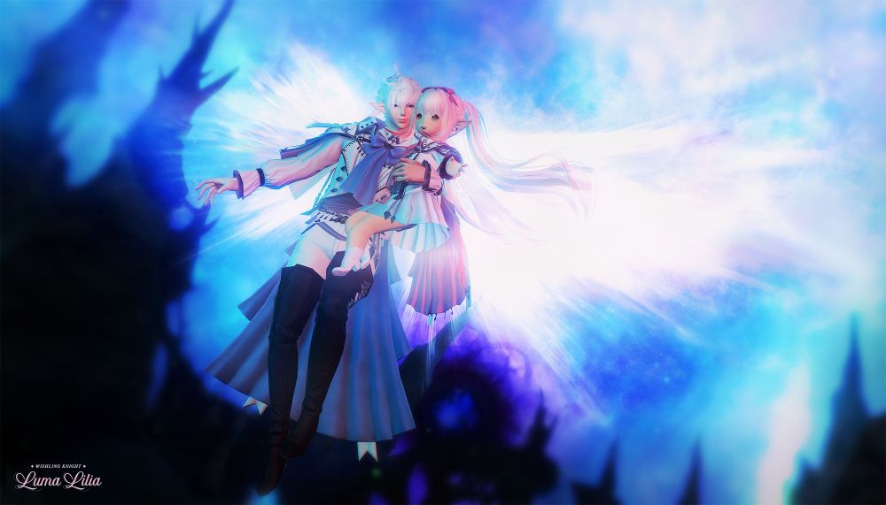Alphi holds Lala, floating above a dark landscape with wings of light on both their backs. Alphi looks at Lala, smiling.