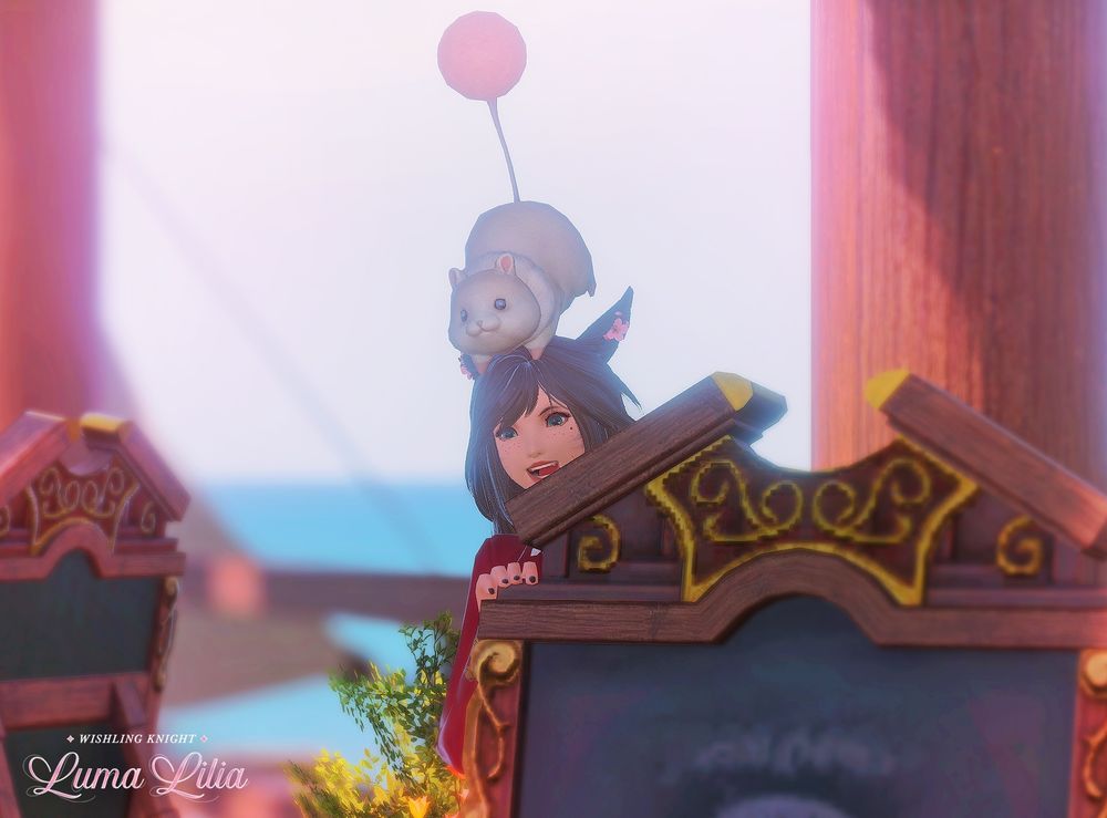 Artemis peeks out from behind a sign, Calla floating just above her head. She has a big smile on her face.