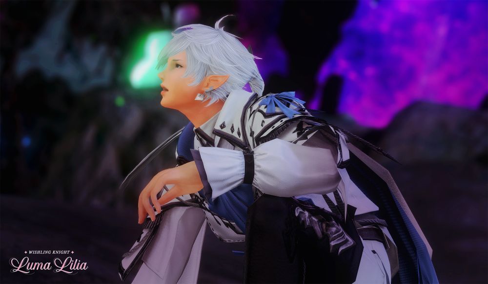 side view of Alphinaud (m elezen with white hair) is kneeling, looking frustrated off camera.